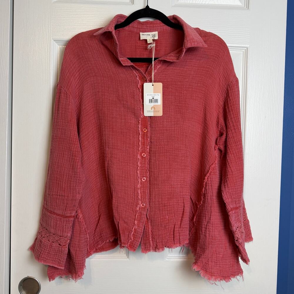 Before You Bella Boho Cotton Gauze Button Down Top Small Rust Lace NWT